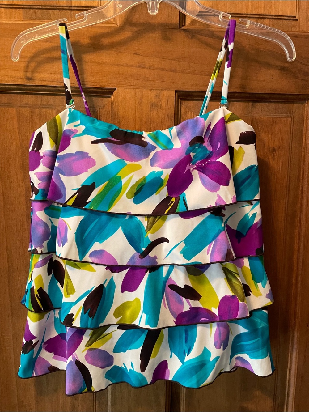 Caribbean Joe White Floral Ruffle swim top with Teal & Purple Accents